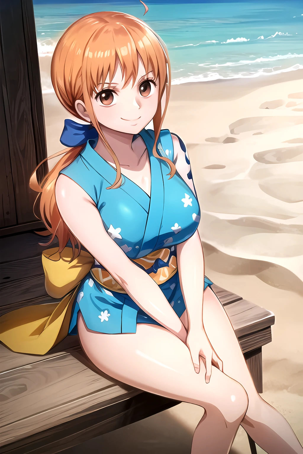 masterpiece, Highest quality, High resolution, we (one piece), Long Hair, Orange Hair, Low Ponytail, Hair Ribbon, Blue Ribbon, Brown eyes, clavicle, Cleavage, Short kimono, Blue kimono, No sleeve, bare hands, bracelet, sash, heart, Are standing, Cowboy Shot, Defiant pose, Beach mood, Beautiful beaches, smile,nsfw,Half naked,Nipples,Bukkake,Love juice