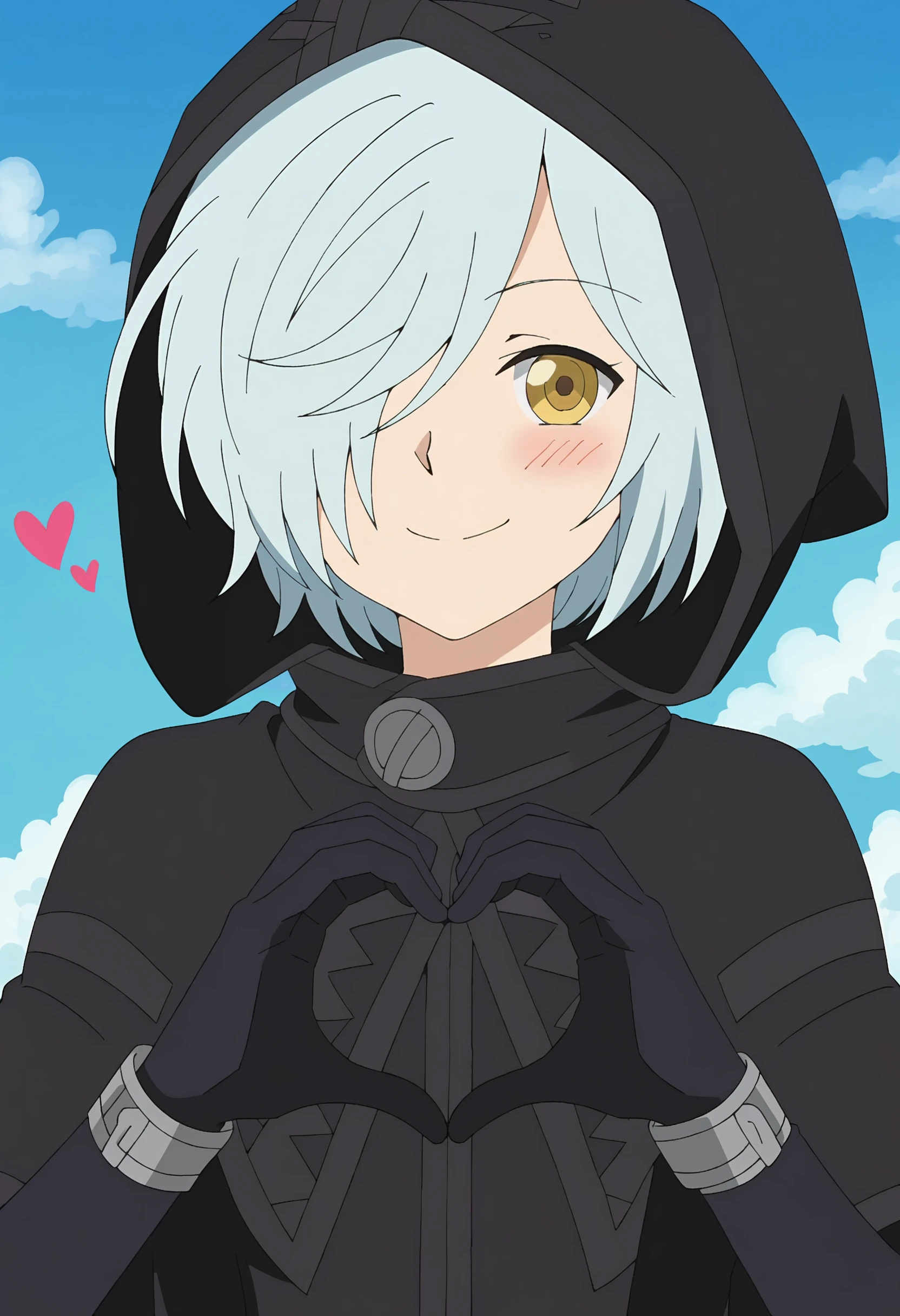 1girl, solo, <lora:Gyubid:0.85> black gloves, blue hair, hood, black cloak, yellow eyes, facing viewer, sky, yellow eyes, white hair, hair over one eye, anime screenshot, smile, heart hands, blush, eyes half closed, 
simple background, light blue background,