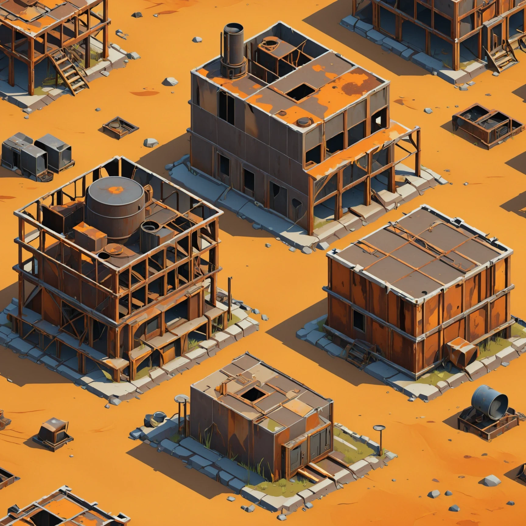 isty04 style. isometric <lora:isometric_isty04_style:1>
cartoon
Post-apocalyptic wasteland and rusted structures, Tan background,
detailed, professional,  slick, 3d, unreal engine, render, ray tracing,
high quality, masterpiece, highres,