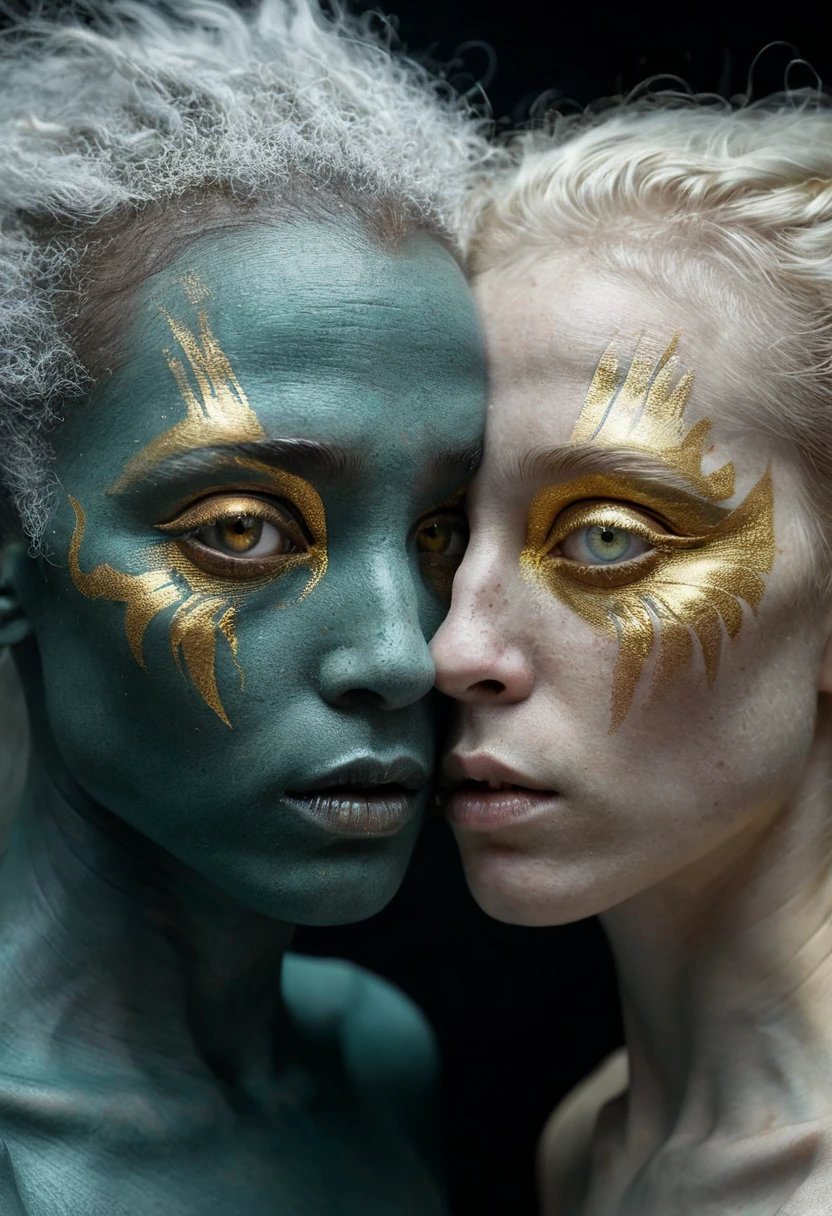 professional photography by Olivier Valsecchi, closeup portrait a half-alien and half-human woman with teal-coloured skin and with golden freckles and with alien eyes with (glowing golden iris:1.4), white hair, In the depths of this nocturnal tableau lies the promise of epic tales yet untold, where the spirit of the Indianer melds seamlessly with the diesel-powered pulse of a world in flux.
