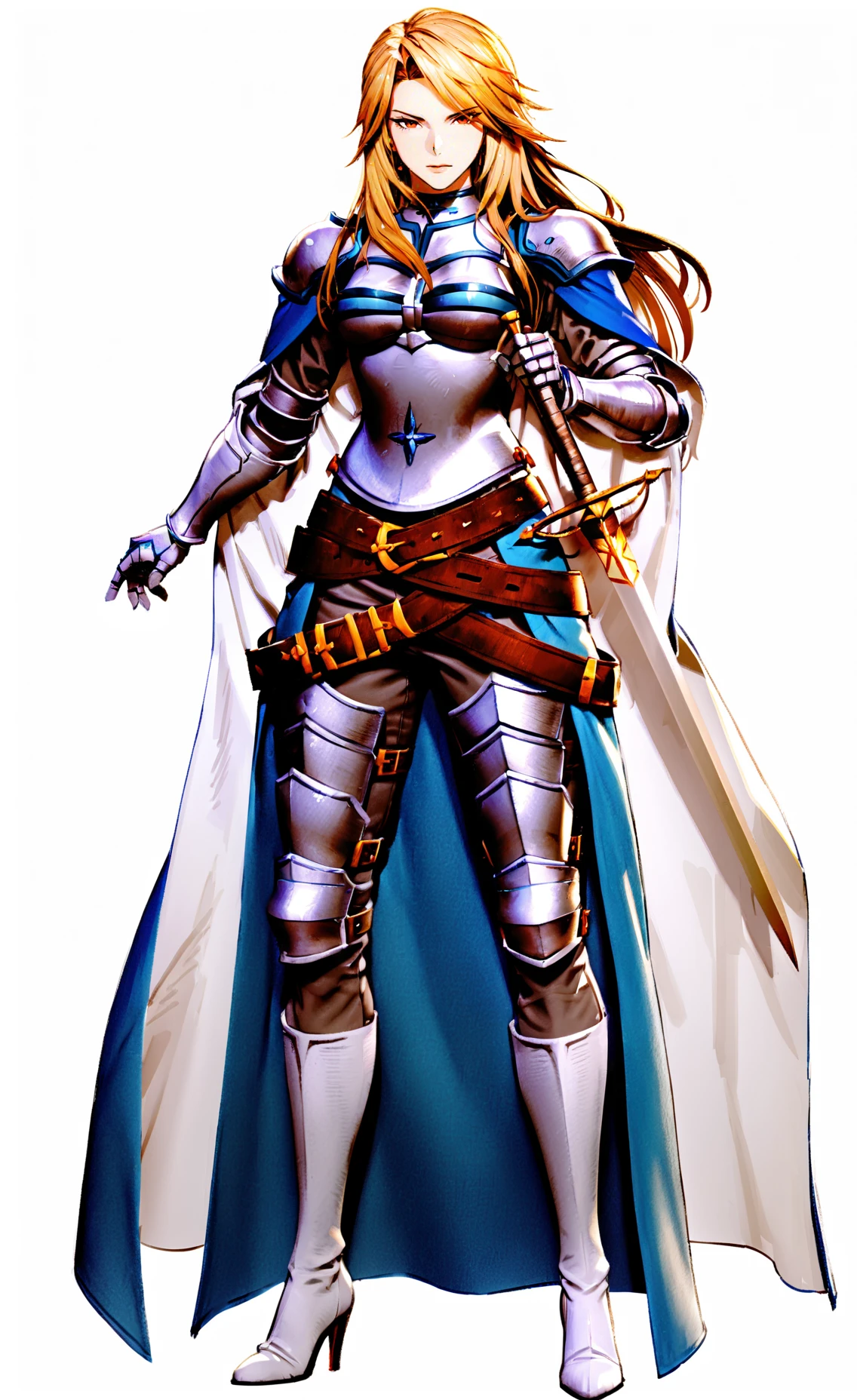 8k, best quality, masterpiece, (ultra-detailed), (high detailed skin), (white background:1.5),
(full body), (white background), standing, looking at viewer, (solo),
<lora:GBFV1-A3-Tanger-000013:0.75>,katalina \(granblue fantasy\), katalina's def clothes, 1girl, armor, solo, weapon, long hair, blonde hair, sword, belt, sheath, breastplate,
full_shot,