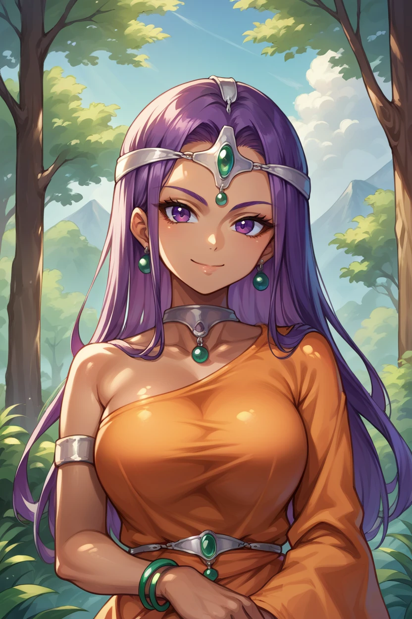 score_9, score_8_up, score_7_up, score_6_up, source_anime BREAK 1girl, solo  <lora:mineamanya-pdxl-nvwls-v1-000005:1> dqMinea, purple hair, circlet, earrings, choker, bracelet, orange dress, single bare shoulder, large breasts, looking at you, forest, blue sky, smile, closed mouth, upper body