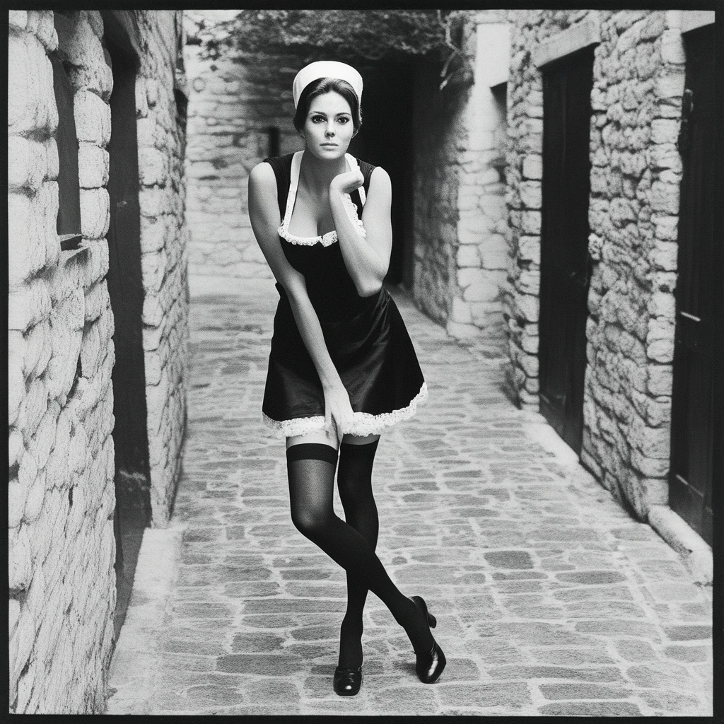 This black and white image appears to be from the 1960s or 1970s based on the fashion and setting. It depicts a woman standing on some old stone or brick structures, This image is a black and white portrait photograph of a French maid in a typical maid’s uniform. She is facing the camera and is adjusting her black stockings. The lighting creates a high contrast, highlighting her natural beauty and the elegant fur garment she is wearing., The image is a black and white photograph of a woman standing in a narrow alleyway or courtyard. She is wearing a sleeveless black dress that falls above the knee