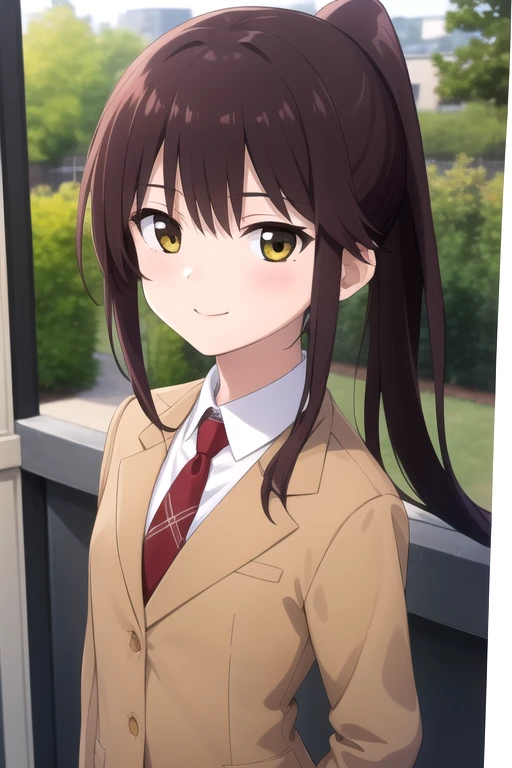 ((masterpiece)),(best quality),official art,extremely delicate and beautiful,extremely detailed CG,unity 8k wallpaper,ultra detailed,beautiful detailed eyes,extremely detailed face,outdoors,1girl,solo,upper body,(portrait:1.5),looking at viewer,facing viewer,smile,(petite:1.3),Suminoe Riko,long hair,brown hair,high ponytail,sidelocks,bangs,yellow eyes,school uniform,brown jacket,blazer,red necktie,buttons,collared shirt,white shirt,long sleeves,medium breasts,skindentation,miniskirt,brown skirt,plaid skirt,pleated skirt,black socks,loafers,black footwear,<lora:Suminoe Riko(kxs)>,