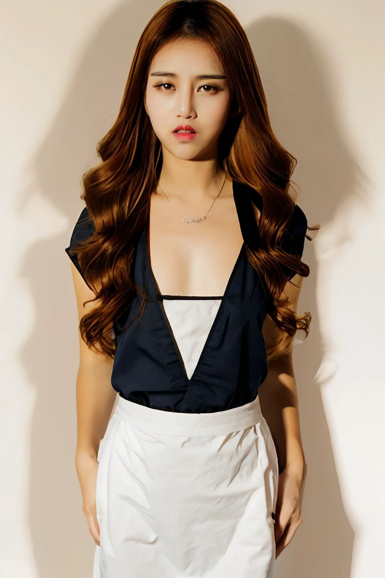 1girl, solo, small breasts, looking at viewer, realistic, photorealistic, brown hair, jewelry, lips, long hair, necklace, brown eyes, parted lips, hyper detailed, super sharp, crisp, smooth, smooth gradients, depth of field, (in studio: 1.1), (white background: 1.1), <lora:chokmoson-huarei:1>, <lora:breastsizeslideroffset:-0.35>, <lora:skin_slider_v2_1_FACE:0.5>, <lora:add_detail_v5:1>, (((sfw))), (maid)