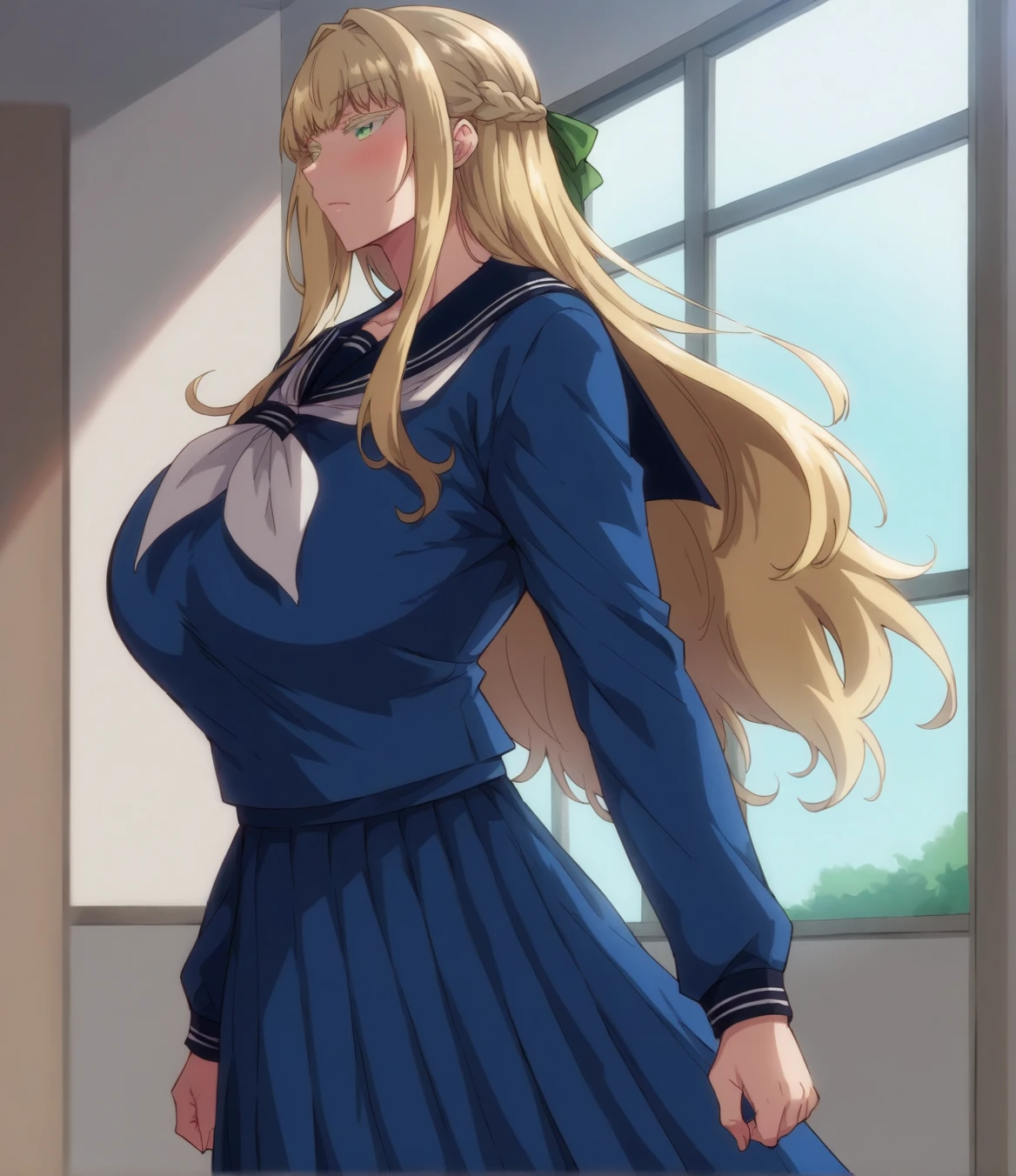 score_9, score_8_up, score_7_up, source_anime,1girl,solo, cowboy shot,(from side), <lora:Louisa_R_pony_v1:0.8> Louise,french braid, long hair,blonde hair,green ribbon,green eyes,colored eyelashes,huge breasts,(walking),s_serafuku,blue serafuku,long sleeves,sailor collar,collarbone,white neckerchief,(long skirt),blue skirt,white socks,blush,
corridor,window