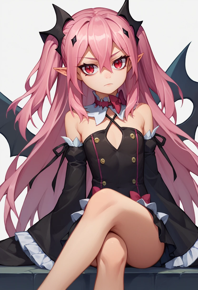score_9, score_8_up, score_7_up, 1girl, solo, Krul, two side up, pink hair, red eyes, pointy ears, hair ornament, detached sleeves, bowtie, detached collar, black dress, black skirt, sitting, crossed legs, looking at viewer, <lora:Krul_1-000008:1>