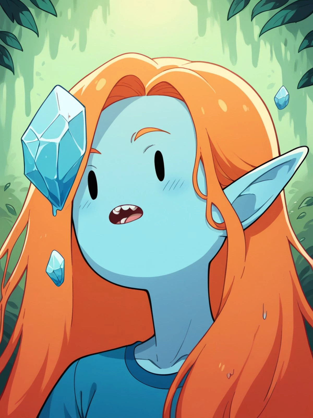 score_9, score_8_up, score_7_up, score_6_up, score_5_up, score_4_up, 4dv3ntur3t1m3, adventure time, <lora:4dv3ntur3t1m3XLP:1> 1girl, orange hair, portrait, long hair, crystals, forest, slime, ghosts
