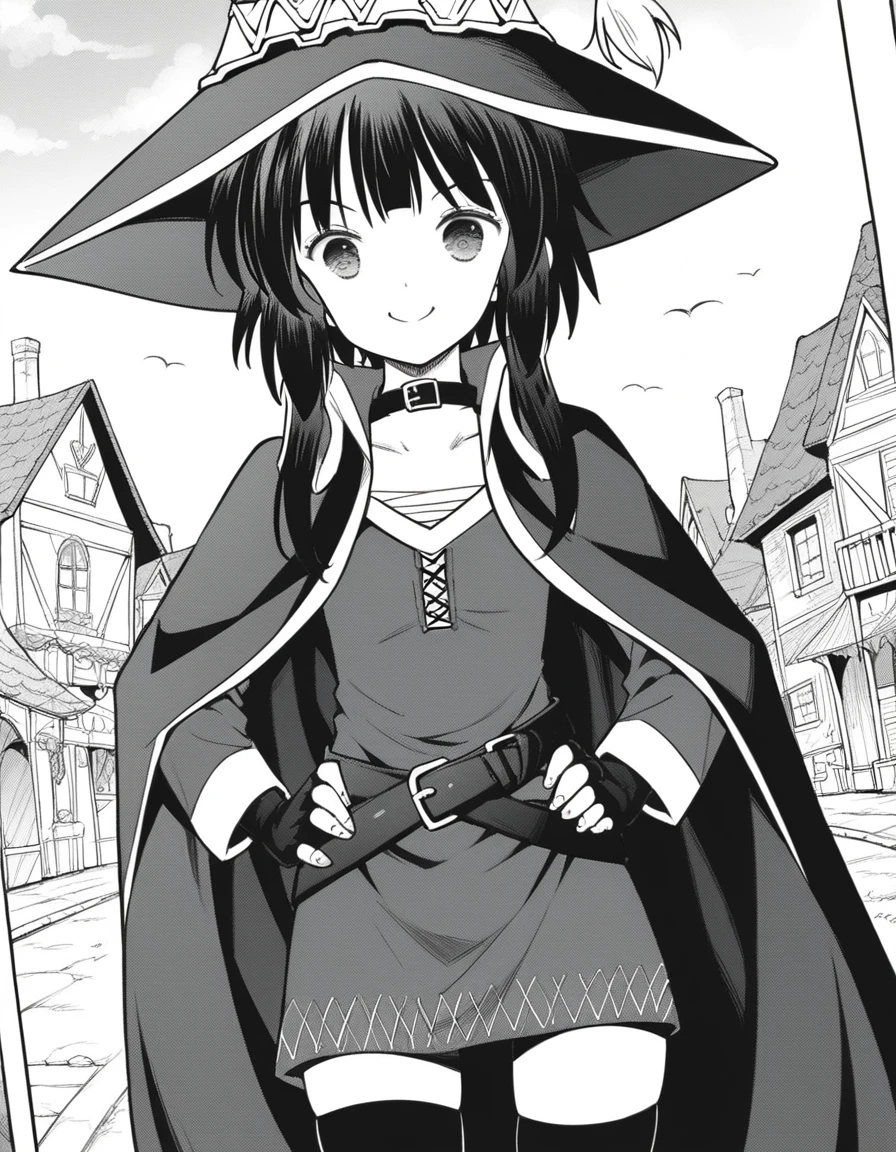 score_9, score_8_up, score_7_up, source_anime,
konosubamegumin, <lora:konosuba-megumin-manga-ponyxl-lora-nochekaiser:1>,
megumin, short hair, black hair, short hair with long locks, monochrome, greyscale,
thighhighs, gloves, hat, dress, black gloves, belt, black thighhighs, fingerless gloves, cape, collar, witch hat, bandages, single thighhigh, asymmetrical legwear, bandaged leg,
outdoors, village, hands on hips, smile,
looking at viewer, dutch angle, cowboy shot,