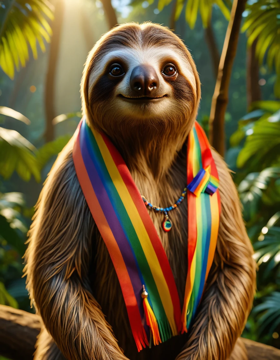 Photograph, Sloth, it is Tranquil, Rule of Thirds, the Sloth is wearing a ral-realpride, its ral-realpride is tailored by Tommy Hilfiger, dramatic lighting, Cinematic, Nikon d850, Depth of field 100mm, <lora:ral-realpride-sdxl:0.8>, epic composition, ambient light, epic atmosphere, dynamic dramatic atmosphere, extremely rich detail, highly detailed, fertile