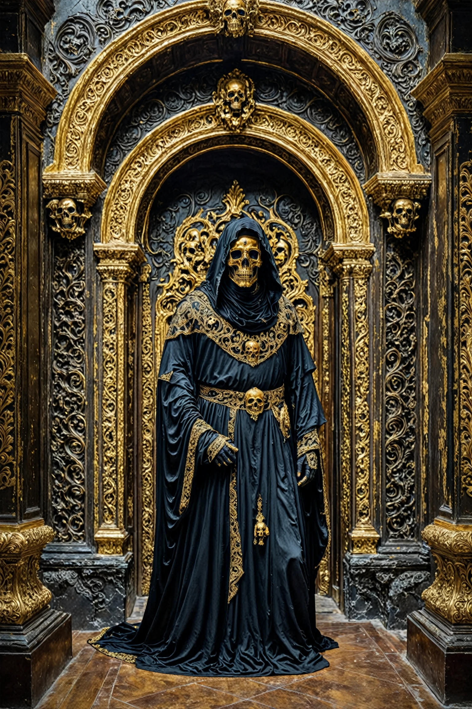 A mysterious figure draped in dark, ornate robes adorned with intricate golden embellishments. The figure's face is concealed by a hood, revealing only a skull. The setting appears to be an opulent room with vintage architectural details, including arched doorways, carved stone walls, and decorative skull motifs. The overall ambiance is eerie and regal, evoking a sense of the macabre blending with luxury.<lora:EMS-388887-EMS:0.800000>