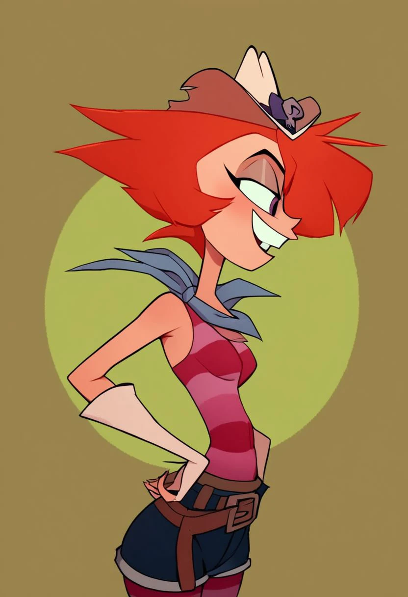 1girl, ((upper body portrait of Rawhide from Long gone Gulch)), Ultra HD, high quality, masterpiece, high detail, Rawhide,  Rawhide from Long Gone Gulch, Striped clothing, Orange Hair, Cowboy Hat, Cowgirl Outfit, smiling
BREAK
score_9, score_8_up, score_7_up, score_6_up, source_cartoon,