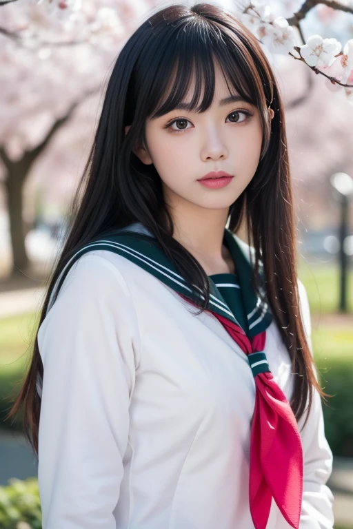 ltra-detailed,highly detailed,best quality,masterpiece,illustration,realistic,photorealistic,
kagome, 1girl, solo, portrait,
school uniform, serafuku, sailor collar, long sleeves, neckerchief, 
long hair, bangs, 
looking at viewer, upper body, 
cherry blossoms, blurry background, petals, flower, outdoors, 
 <lora:kagome_v1_06:0.7>