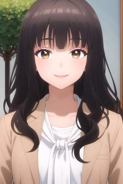 ((masterpiece)),(best quality),official art,extremely delicate and beautiful,extremely detailed CG,unity 8k wallpaper,ultra detailed,beautiful detailed eyes,extremely detailed face,outdoors,1girl,solo,upper body,(portrait:1.5),looking at viewer,facing viewer,smile,long hair,wavy hair,brown hair,sidelocks,blunt bangs,brown eyes,collarbone,brown jacket,blazer,open clothes,open jacket,white neckerchief,white shirt,long sleeves,medium breasts,skindentation,black pants,high heels,pink footwear,<lora:Fujimiya Shihoko(otidnsk)>,
