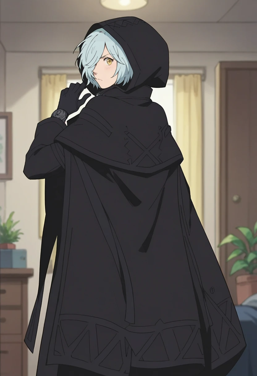 score_9, score_8_up, score_8, source_anime, 1girl, <lora:Gyubid:0.9> breasts, yellow eyes, short hair, blue hair, bangs, hair over one eye, hood, hood up, cloak, black cloak, black gloves, view from behind,  looking back, 
room background, blurry background,