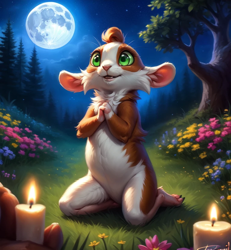 concept art  <lora:LugosiBunNNi1:1>  LugosiBunN,  green sclera, green eyes,  chibi,  [forest, grass, stars,moon shining, clouds, flowers, bright moon, candles,]
 (beautiful, aesthetic, perfect, delicate, intricate), masterpiece, digital drawing, best quality,   (kneeling on one leg)
by ulitochka, by taran fiddler, by Silverfox5213, by personalami,  . digital artwork, illustrative, painterly, matte painting, highly detailed