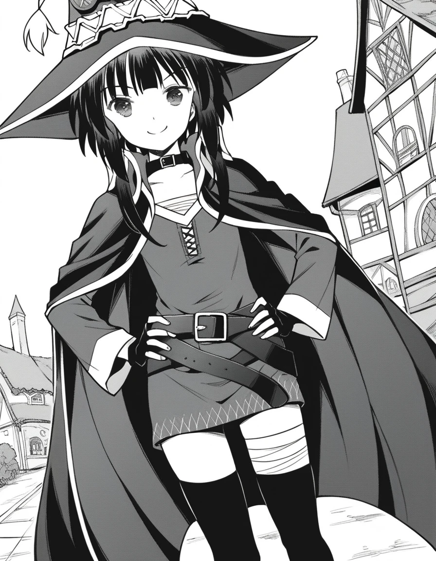 score_9, score_8_up, score_7_up, source_anime,
konosubamegumin, <lora:konosuba-megumin-manga-ponyxl-lora-nochekaiser:1>,
megumin, short hair, black hair, short hair with long locks, monochrome, greyscale,
thighhighs, gloves, hat, dress, black gloves, belt, black thighhighs, fingerless gloves, cape, collar, witch hat, bandages, single thighhigh, asymmetrical legwear, bandaged leg,
outdoors, village, hands on hips, smile,
looking at viewer, dutch angle, cowboy shot,