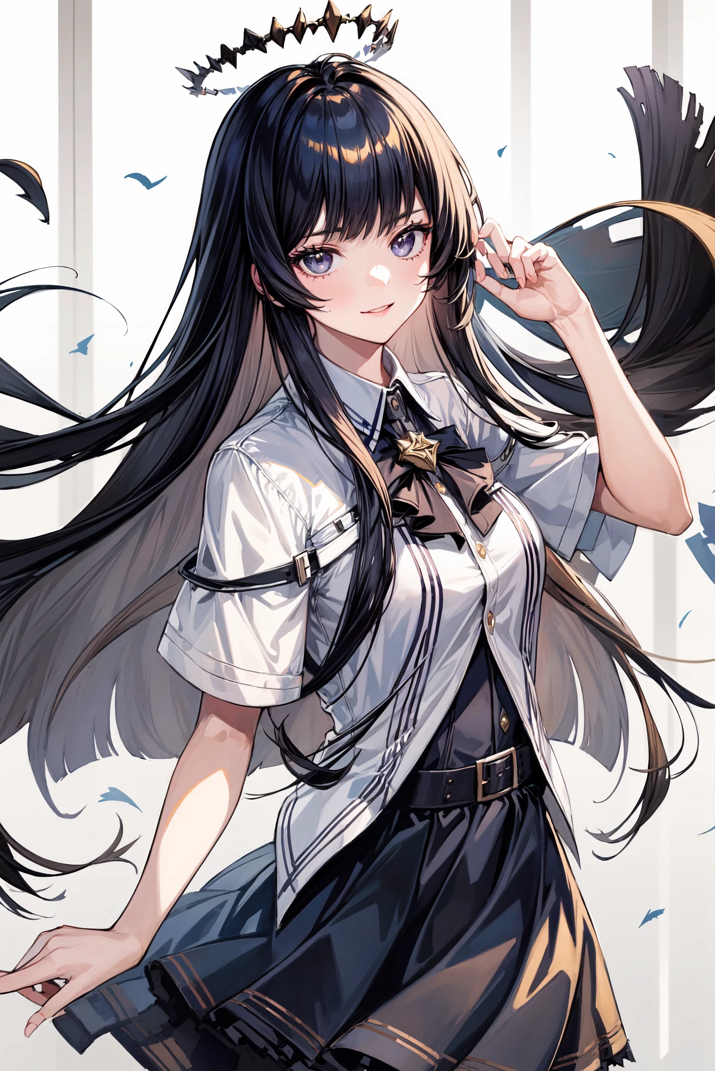 1girl,solo,masterpiece,best quality,high quality,absurdres,looking at viewer,<lora:add_detail:0.6>,<lora:virtuosa_v1.5:0.7>,shirt,skirt,