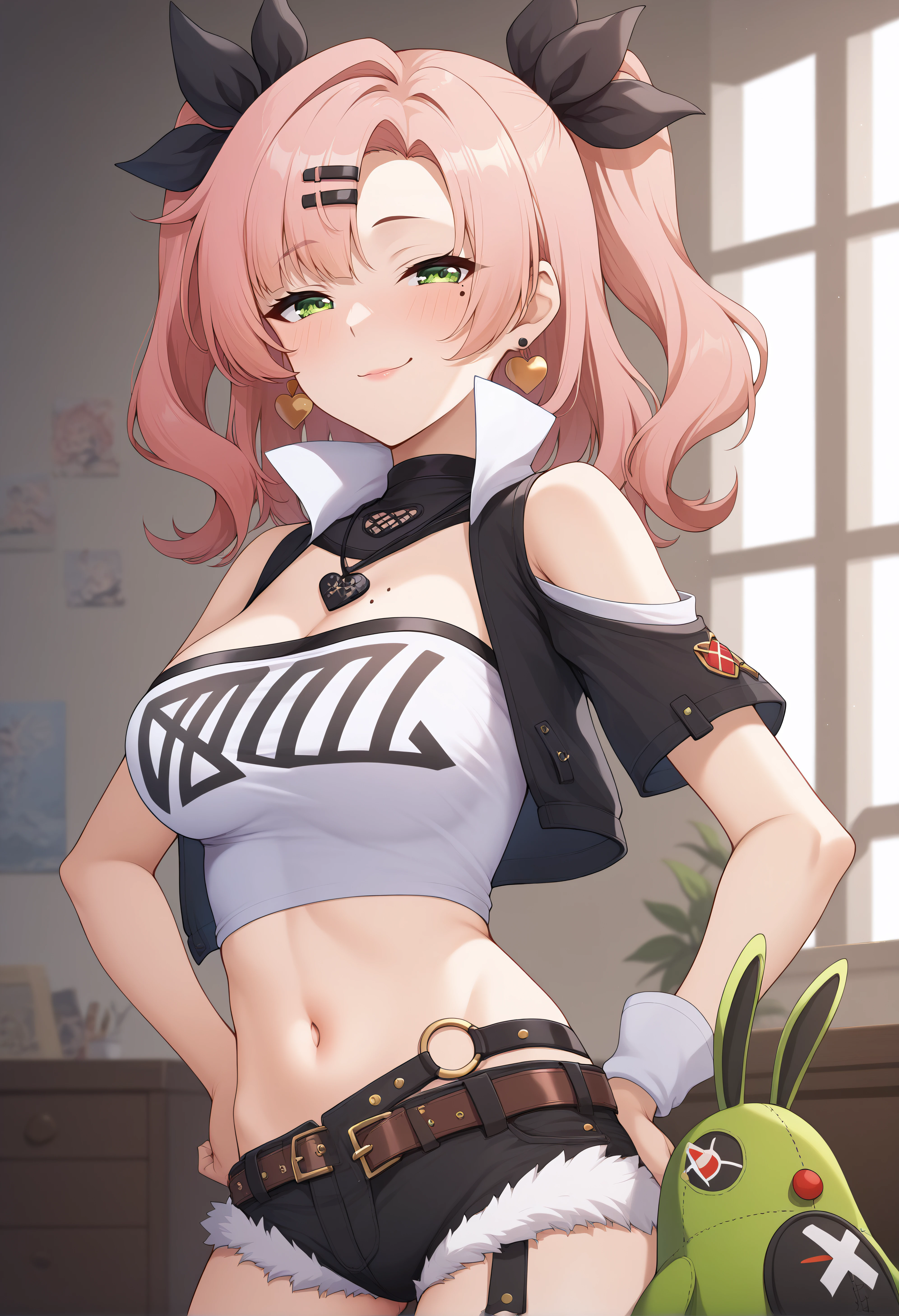 score_9, score_8_up, score_7_up, masterpiece, absurdres, highres, source_anime, uncensored BREAK,
1girl,solo,(mature female),medium breasts,seductive expression,seductive smile,(half-closed eyes:1.2),pink hair,green eyes,nicole_demara, mole, mole under eye, hair ornament, hairclip, hair ribbon, ribbon,jacket, bare shoulders, tube top, black shorts, strapless, crop top, shorts, black ribbon,standing,
((complex background, room )),dynamic poses,(by fukuro:1.2), by takeda hiromitsu, (by sak \(lemondisk\):0.7), <lora:Nicole_DemaraXL:1>