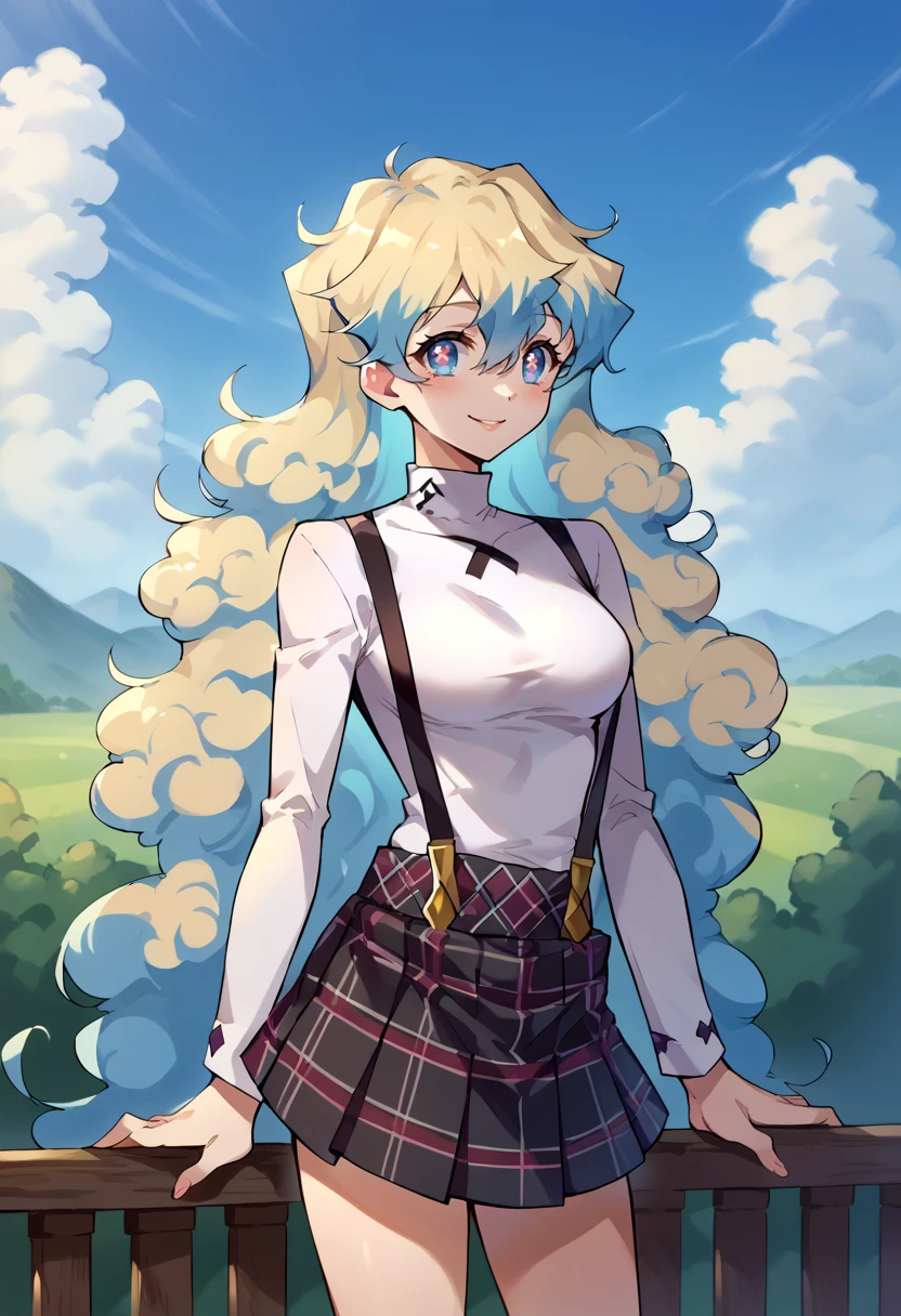 score_9, score_7_up, source_anime, BREAK smile, <lora:NiaS2-000009:1> nias2, 1girl, blue eyes,symbol-shaped pupils, very long hair, blonde hair, blue hair, two-tone hair, medium breasts,
<lora:ChamShuujinAcademyUniformPonyXL:1> GirlSuspenders, white turtleneck, suspenders, plaid skirt,