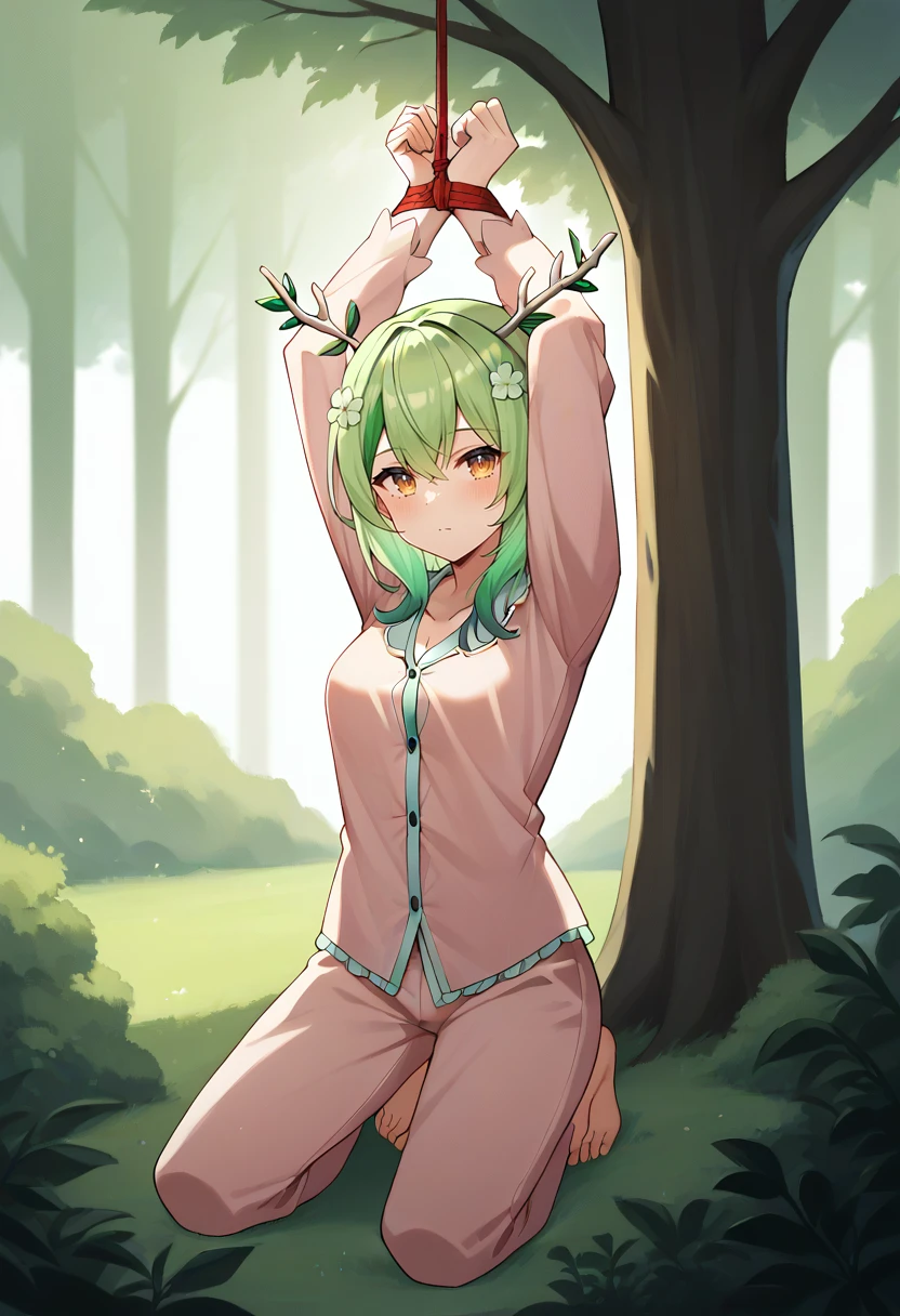 score_9,score_8_up,score_7_up,score_6_up,score_5_up,score_4_up,
1girl, ceres fauna, virtual youtuber, hair flower, antlers, pajamas, sleepwear, breasts,
solo, cowboy shot, looking at viewer, kneeling, outdoors, forest, tree,
arms up, bound wrists,
<lora:faunaponyxl5:0.8> <lora:boundwristsupponyxl:1>