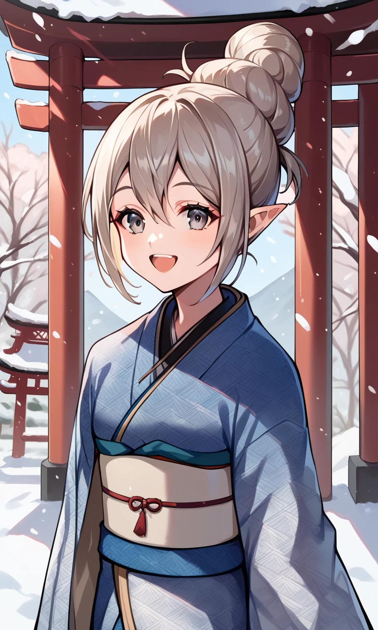 score_9, score_8_up, score_7_up, source_anime, 1girl, nykana, single hair bun, pointy ears, happy, kimono, portrait, upper body, shrine, snow