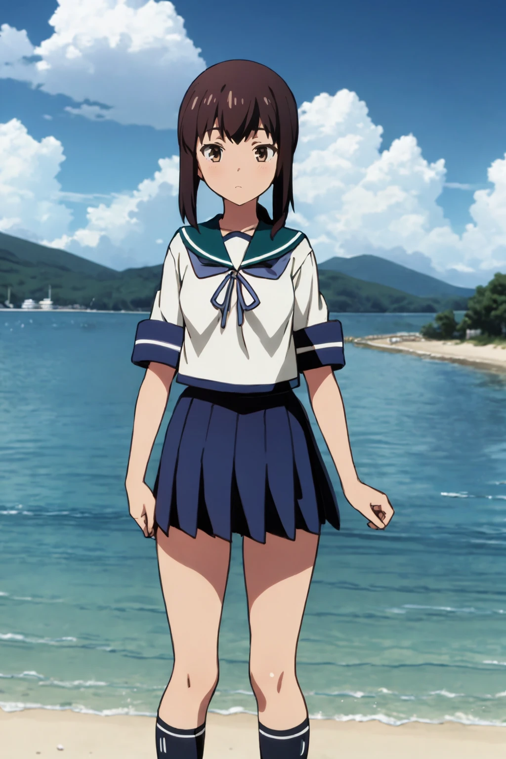 masterpiece, best quality,
1girl, fubuki \(kancolle\), brown hair, low ponytail, sidelocks, brown eyes,
sailor collar, school uniform, serafuku, pleated skirt,
full body, contrapposto, solo, looking at viewer, blue sky, water, sea background <lora:Fubuki:1>