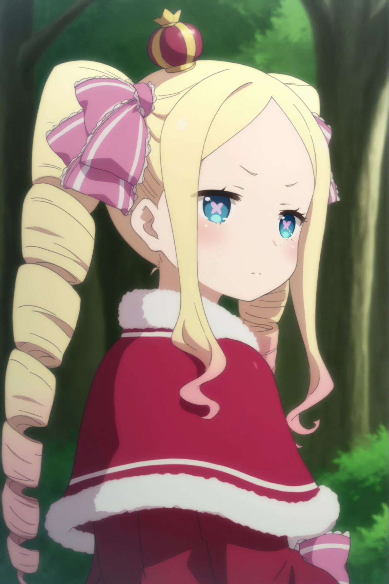 <lora:Betty:0.8> Betty, 1girl, drill hair, blonde hair, solo, blue eyes, crown, twin drills, long hair, ribbon, sidelocks, symbol-shaped pupils, mini crown, capelet, fur trim, hair ribbon, looking at viewer, fur-trimmed capelet, red capelet, upper body, twintails, multicolored hair, closed mouth, pink hair, pink ribbon, gradient hair, blush <lora:sdxl_lightning_4step_lora:1>