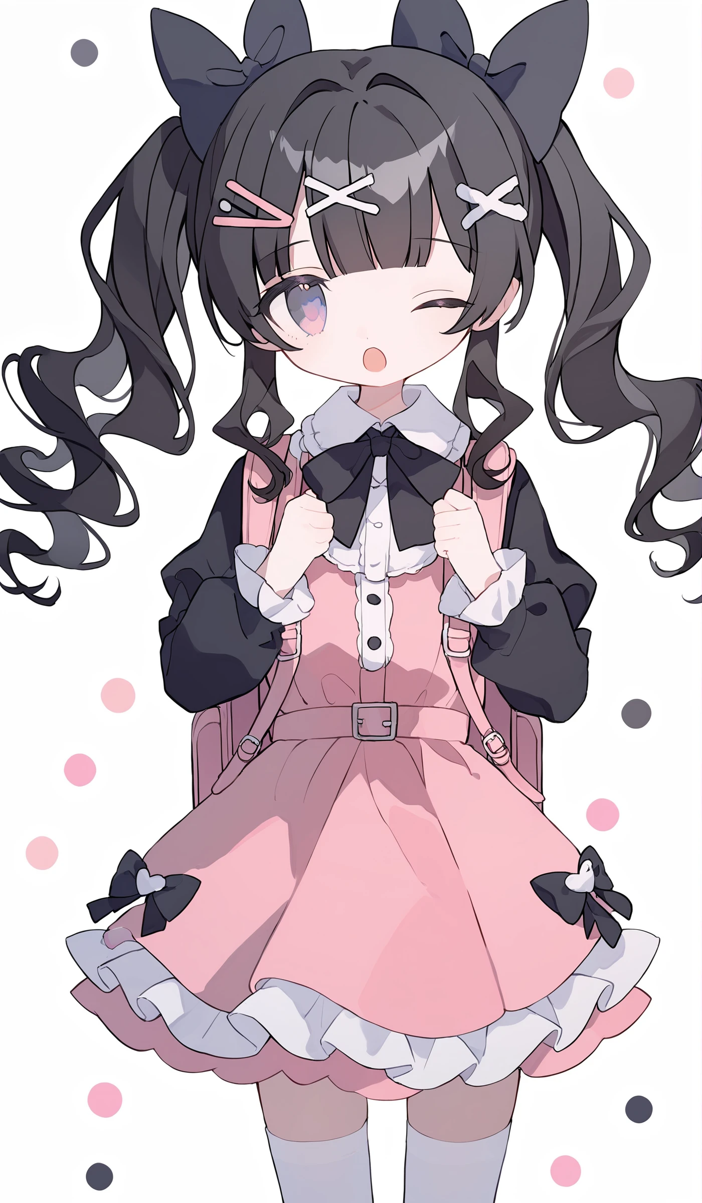 1girl,solo,backpack,bag,one eye closed,long sleeves,skirt,hair ornament,bangs,bow,black hair,pink skirt,hairclip,thighhighs,looking at viewer,simple background,frills,hair bow,shirt,twintails,randoseru,cowboy shot,x hair ornament,charm (object),frilled sleeves,wavy hair,hands up,white thighhighs,long hair,pink bow,ribbon,black shirt,puffy long sleeves,puffy sleeves,pink bag,grey background,own hands together,open mouth,blunt bangs,frilled shirt collar,black bow,gradient eyes,multicolored eyes,hair ribbon,<lora:6.1:1>,, score_9,score_8_up,score_7_up,Expressiveh,rating_safe,(masterpiece, best quality)