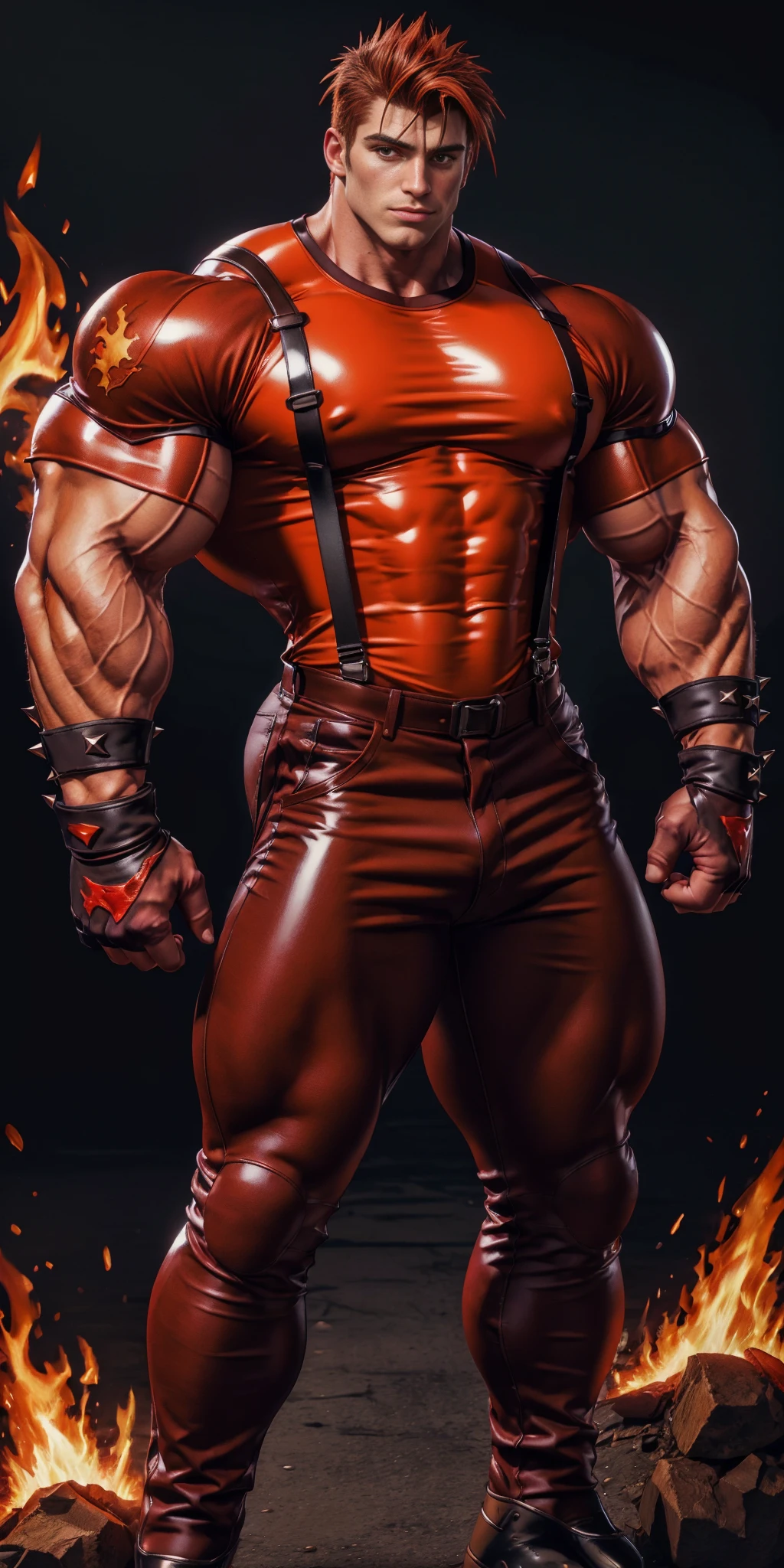 ((best quality)), ((masterpiece)), ((realistic)), (detailed)
shiny latex , muscular male, muscled, muscular,
1boy,
jimmyrd,  t-shirt, armband, brown hair, pants, suspenders,   scar,   spiked hair,  . fingerless gloves, male focus, red and black shirt, crest
shirt, elbow pads, fire, (long hair:0.8),
 <lora:Jimmy:1>