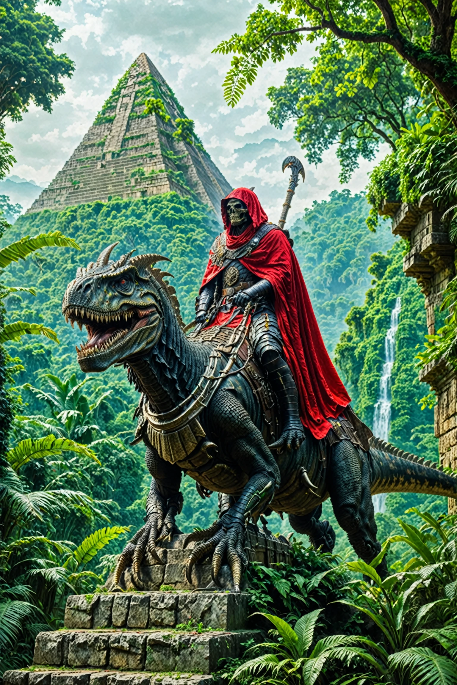 A grand, ancient temple or pyramid in the background, surrounded by lush greenery and dense foliage. In the foreground, a menacing-looking creature resembling a dinosaur, with sharp teeth and armored plates, stands on stone steps. Atop this creature is a figure draped in a red cloak and armor, wearing a skull-like helmet. The figure holds a large scythe, suggesting a grim reaper-like persona. The overall atmosphere of the image is mysterious and foreboding.<lora:EMS-388887-EMS:0.800000>