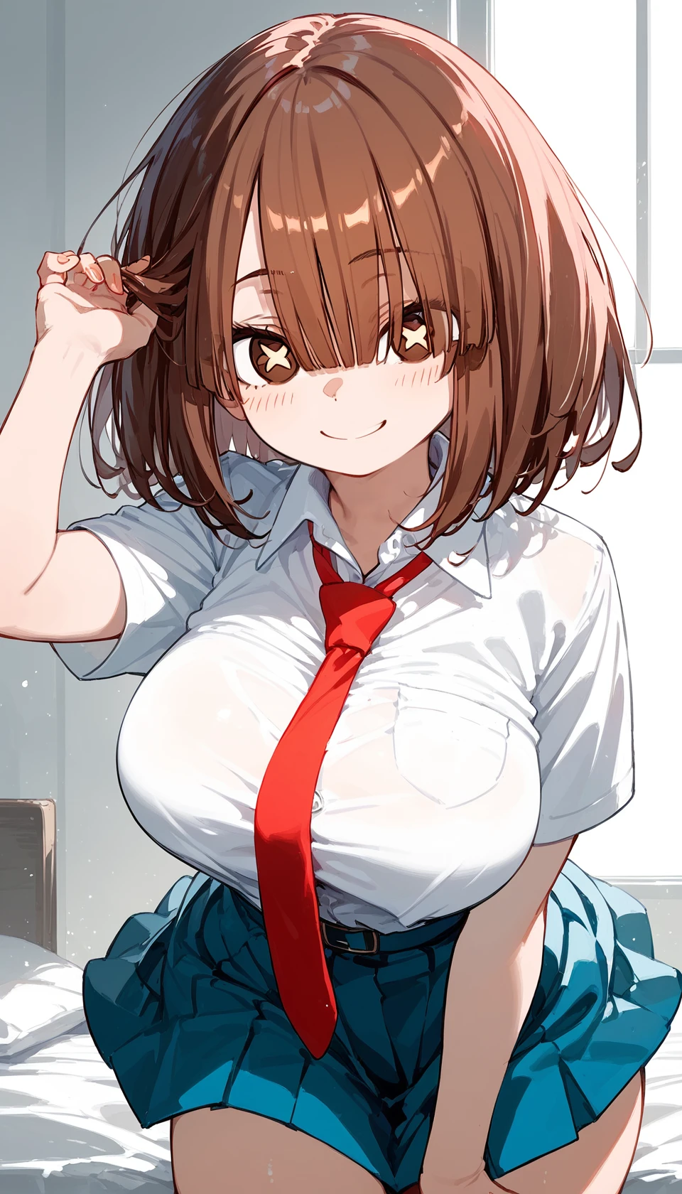 (((pixel perfect, detail perfect))), alone, 1 girl, Misaka Mikoto, tokiwadai , bow, looking at the viewer,, whole body、(Breast Exposure、Nipple exposure、medium breasts))、smile、Tokiwadai Junior High School Uniforms、男とセックスをする、nose blush