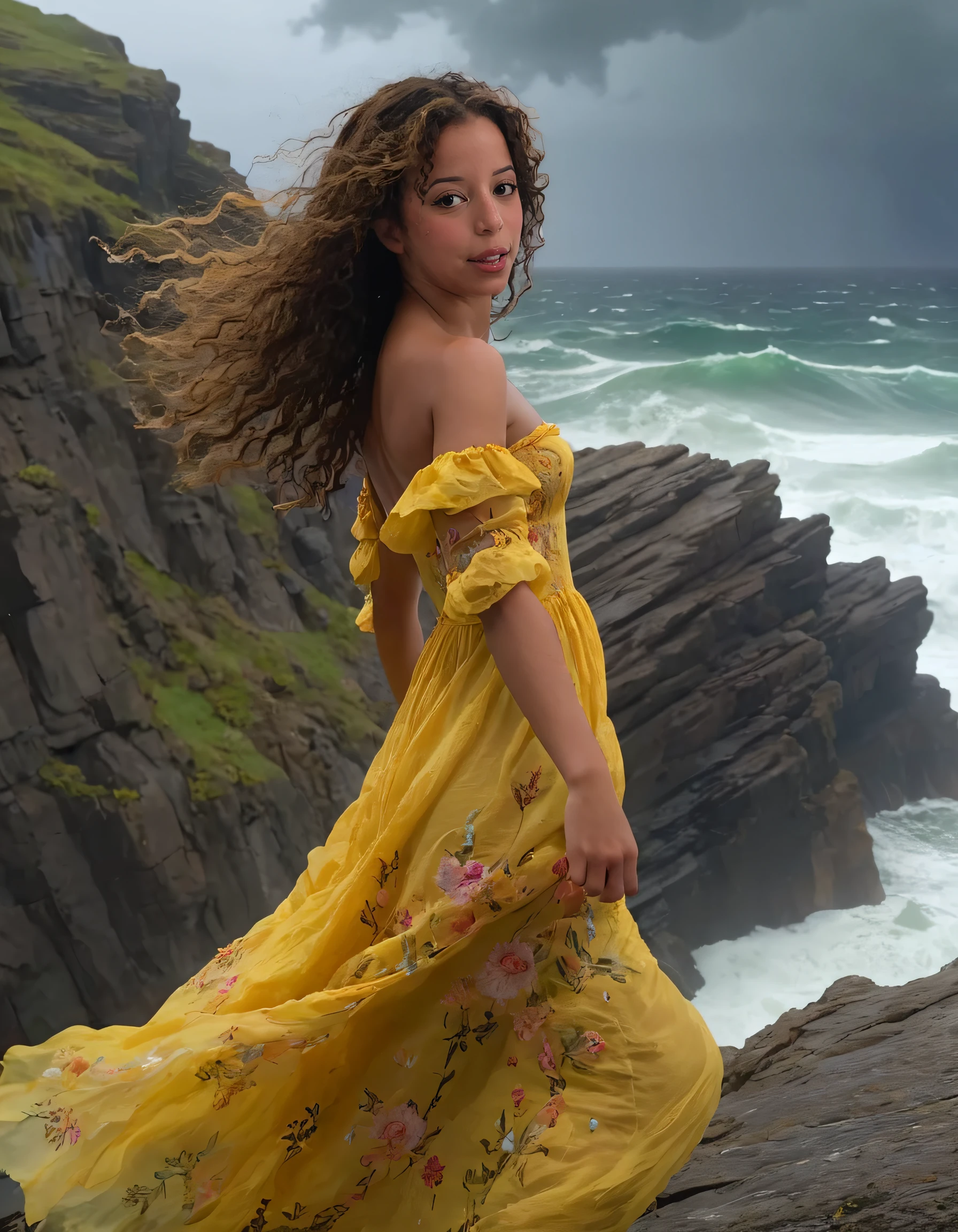 In the midst of a tempestuous seascape, Camila, a solitary figure with brown eyes that pierce through the storm's fury, stands alone atop craggy cliffs. Her vibrant yellow dress billows in the wind, embroidered with delicate floral patterns that seem to dance against the backdrop of the churning sea. Despite the fear etched on her face, she defiantly meets your gaze, one hand raised as if challenging the very elements themselves. <lora:sknwjl18fd13b3989tbb:1>