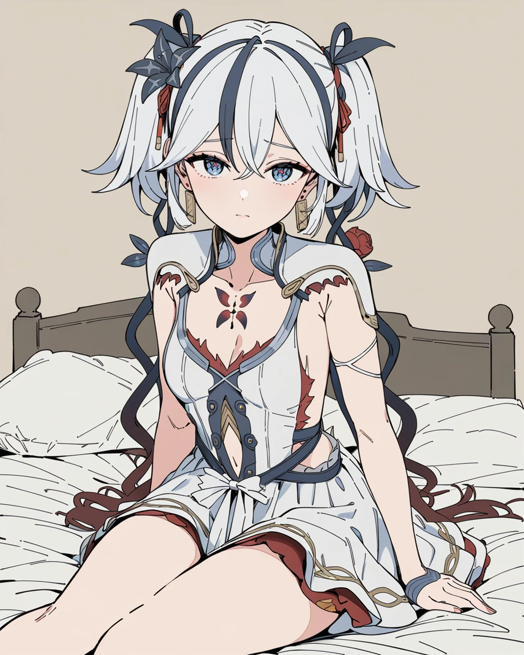 masterpiece,best quality,bed,flowers,sitting,looking at viewer,shy,
<lora:chun_mc_xl:0.8>,chun,1girl,solo,jewelry,earrings,twintails,blue eyes,bangs,hair ornament,white hair,<lora:CoolFlatColor:0.4>,flat color,