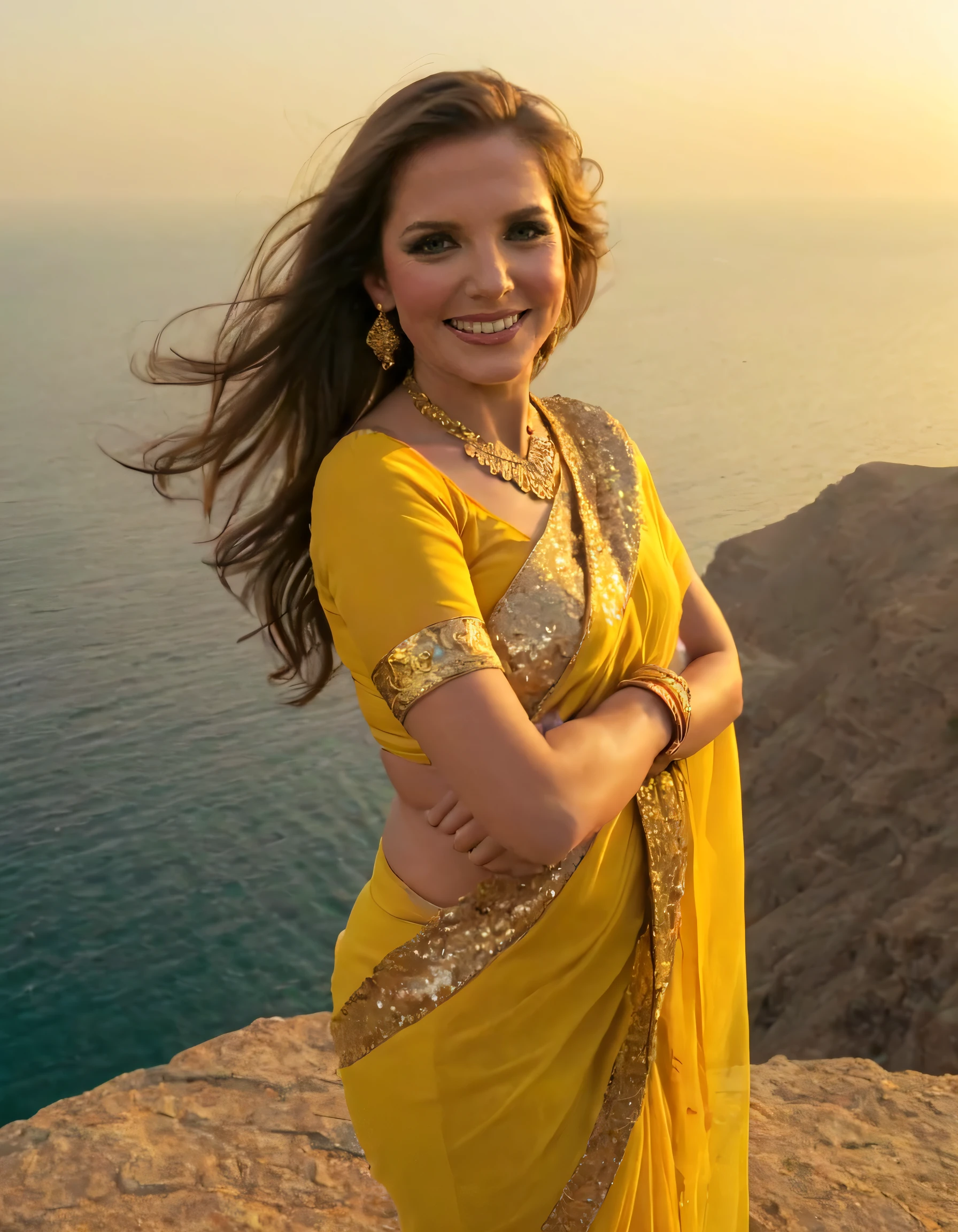 In the golden hour, Bobbi, a young woman with rich brown hair, beaming radiantly yet mysteriously while clad in a vibrant yellow sari adorned with intricate gold jewelry and sequins, stands alone on the precipice of a towering cliff overlooking the breathtaking sunset over the Arabian Sea. Her eyes lock with the viewer as she strikes an enchanting pose, her smile as captivating as the vast ocean beyond. <lora:pvnqxk18fcb387a01y161:1>