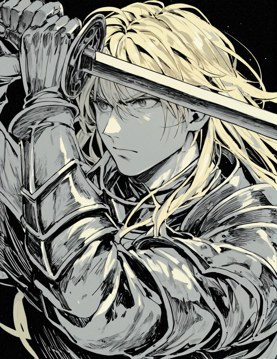 score_9, score_8_up, score_7_up,
high guard sword parry stance, solo,long hair,blonde hair,gloves,1boy,monochrome,upper body,male focus,armor,black background
<lora:high_guard_sword_parry_stance:0.8>