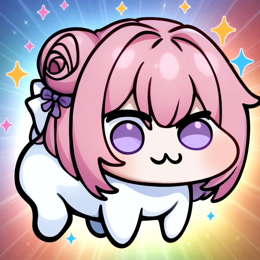 <lora:doro_xypher_amxl_v1:1> solo, doro, :3, chibi, solid circle eyes, white skin, all fours
, pink hair, purple eyes, single side bun, white hair bow
, sparkle, rainbow, sunburst background
, masterpiece, best quality