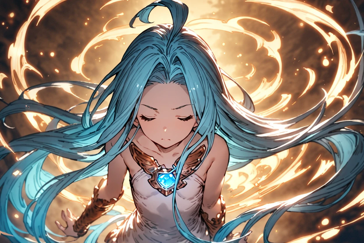 masterpiece, best quality, absurdres,
1girl, solo, scenery, magic, concentrating, closed eyes, facing viewer,
lyria \(granblue fantasy\), very long hair, sleeveless dress, small breasts,
<lora:lyria-XL:0.7>, c