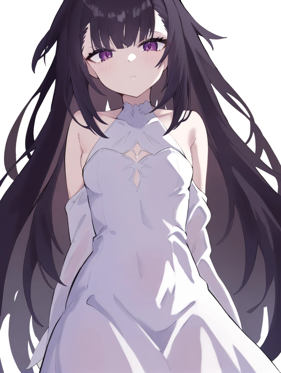 1girl,solo,simple background,white background,looking at viewer,cowboy_shot,front view,,tsukuyomi(sv),white dress, <lora:tsukuyomi(sv)>, masterpiece, best quality, very aesthetic, absurdres