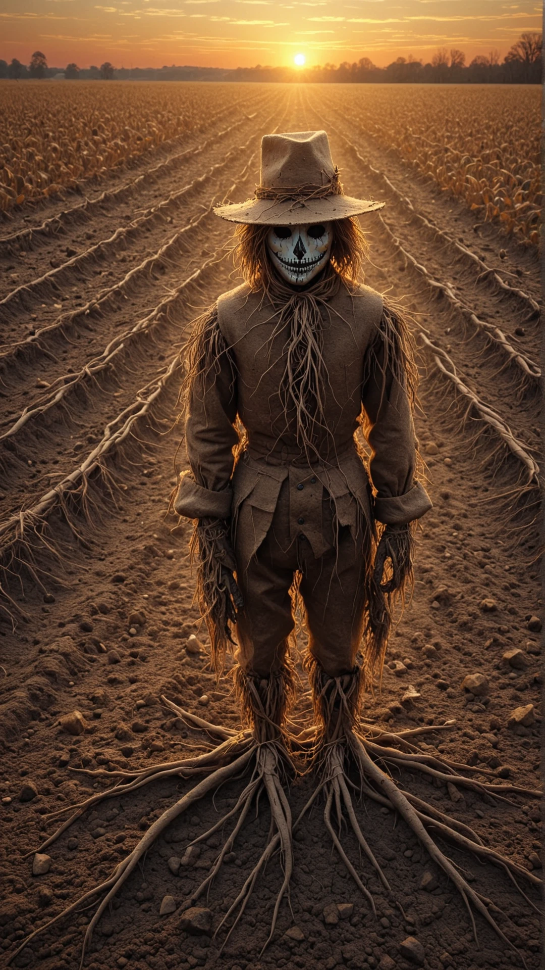 <lora:ElementEarthSDXL:1>ElementEarth Kaleidoscope style image, melancholic scarecrow in a barren field, single gaze expressing a range of emotions, muted autumnal colors, sunset backdrop, intricate patterns and shapes in the background, surreal and dreamlike atmosphere, high contrast, oil painting texture, detailed and richly colored, concept art, detailed background, dramatic lighting, warm and cool tones, digital art, illustration, artstation, wide angle, portrait orientation, canvas, nature, dirt, (earth:0.4), (leaves:0.7)
