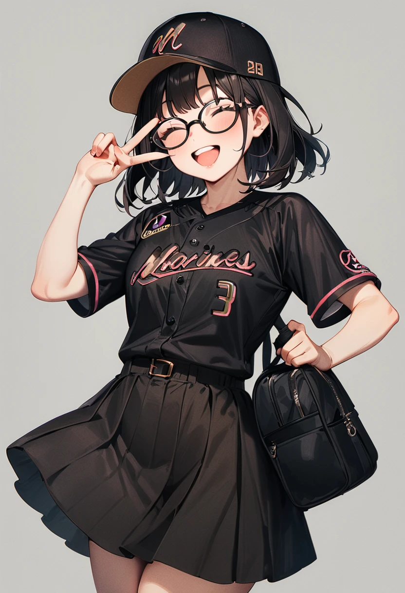 masterpiece, best quality, very aesthetic, absurdres,
1girl, glasses, black hair, medium hair, 
BSW2024, baseball uniform, baseball cap, black shirt, skirt, bag, happy, smile, closed eyes, open mouth, v, looking at viewer, simple background, grey background
 <lora:chiba_lotte_marines_BSW2024_SDXL_V1:1>