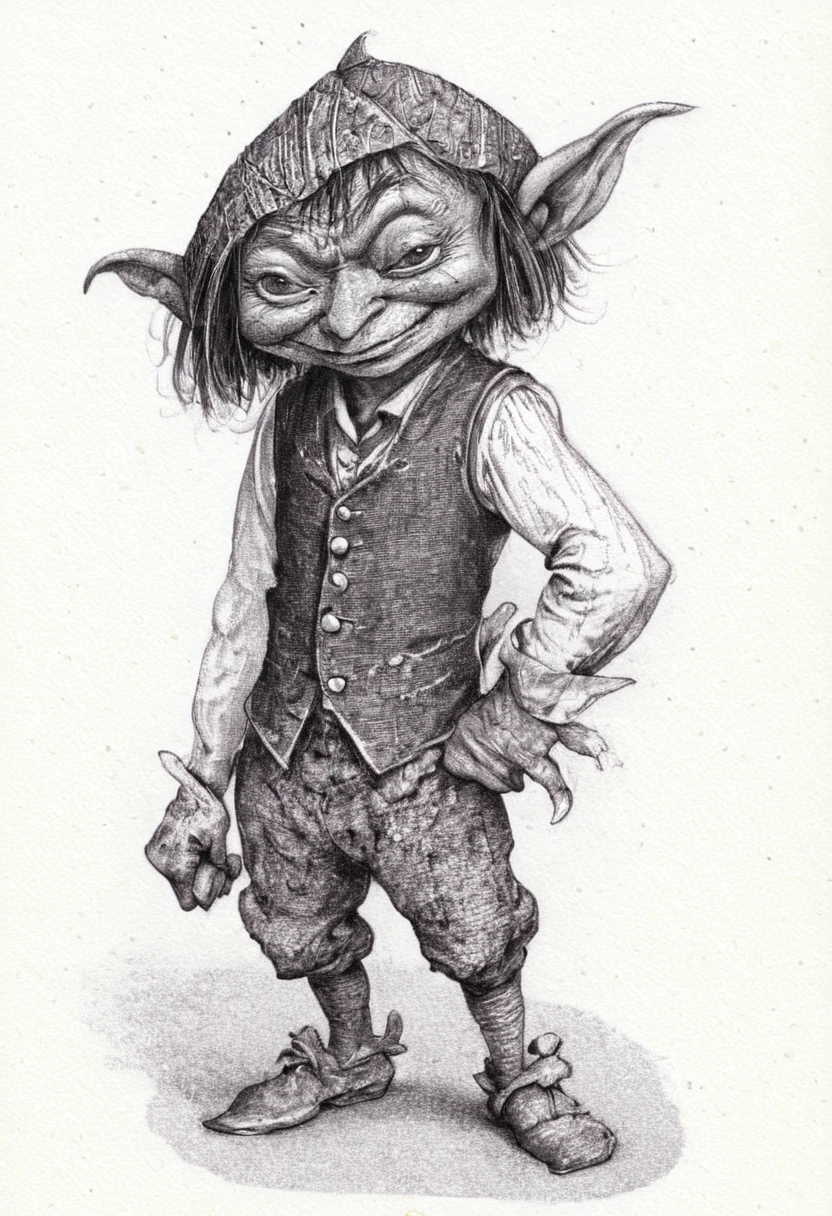 A detailed graphite illustration of a goblin with a quirky and playful appearance. The goblin has a large head with exaggerated features, such as one large and one small eye, pointy ears, and a long nose. It stands upright dressed in a torn waistcoat. The background is a simple white, emphasizing the character's details. The illustration style is light-hearted and cartoonish. <lora:Froud-000006:1>, <lora:Perfect Hands:0.8>