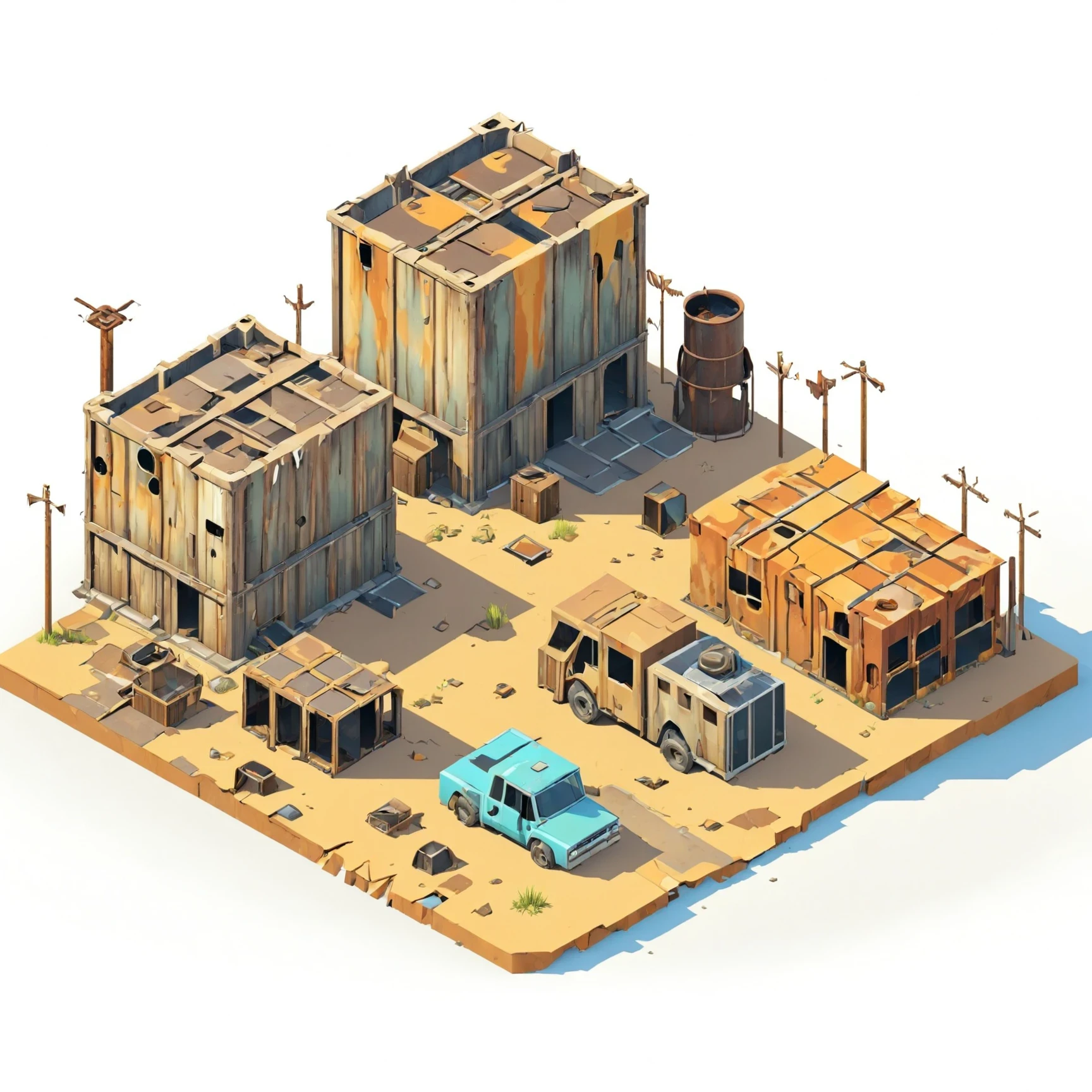 isty05 style. isometric <lora:isometric_isty05_style:1>
cartoon
Post-apocalyptic wasteland and rusted structures, Tan background,
detailed, professional, slick, 3d, unreal engine, render, ray tracing,
high quality, masterpiece, highres,