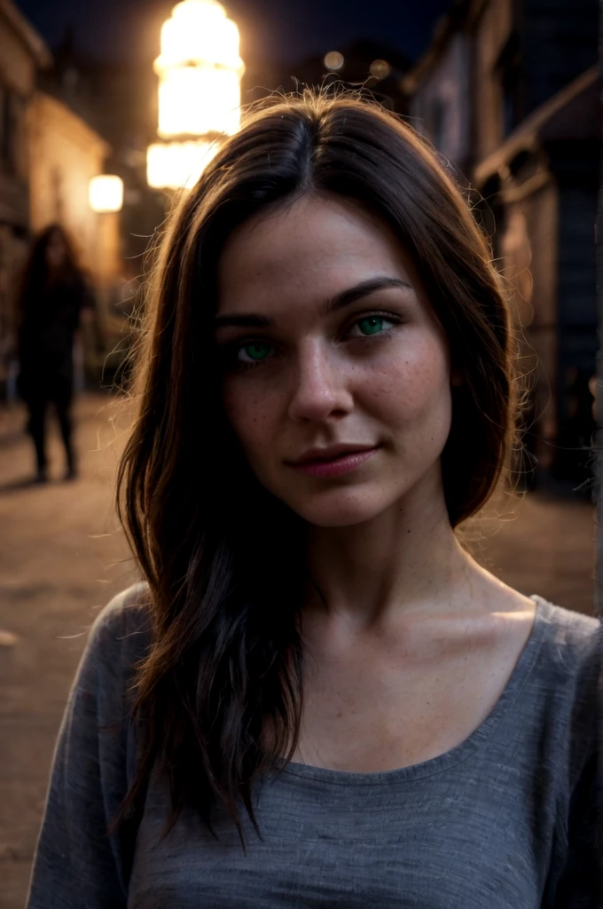 (ZPDXLrl), 
18yo aborigines woman, shadows, perfect face, (green eyed), nighttime,dark photo,grainy,dimly lit,seductive smirk,harsh camera flash, grainy, highly detailed, (freckles:0.5), (skin texture), (background town), bokeh, (snub nose)