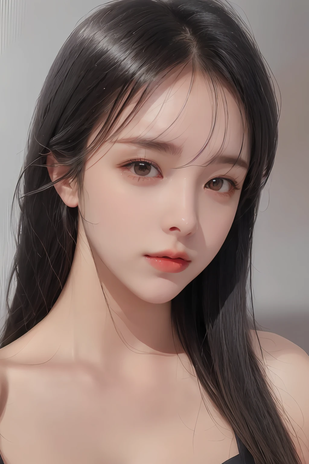 masterpiece, (Best quality:1.3), Raw Photo, realistic, (photorealistic:1.3), 1girl, solo, looking at viewer, portrait, simple gray background, <lora:Lee_Seul_BJ:1>