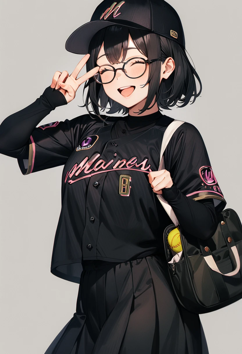 masterpiece, best quality, very aesthetic, absurdres,
1girl, glasses, black hair, medium hair,
BSW2024, baseball uniform, baseball cap, black shirt, skirt, bag, happy, smile, closed eyes, open mouth, v, looking at viewer, simple background, grey background
<lora:chiba_lotte_marines_BSW2024_SDXL_V1:1>