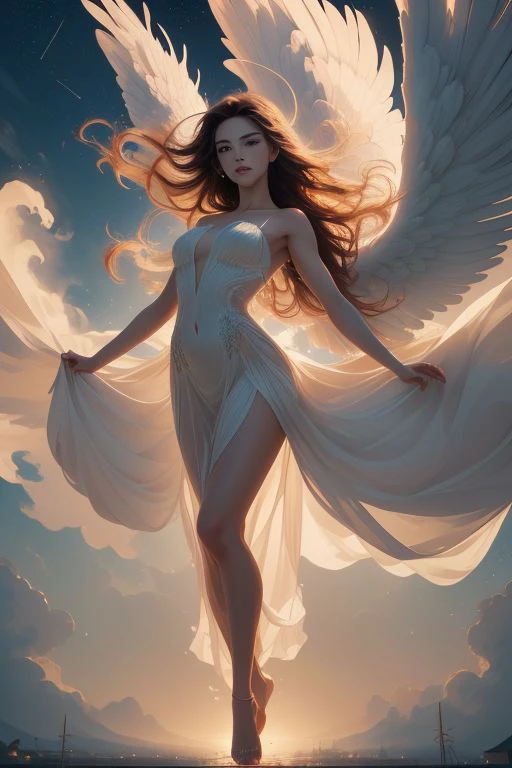 anime artwork, strong Wind<lora:Wind:1.5>, gorgeous angel, (floating in the sky:1.5), (flowing hair:1.5), detailed face, (seductive and elegant pose:1.5), high quality, high resolution, fancy sheer dress, (strong wind:1.5), aerial, huge wings,