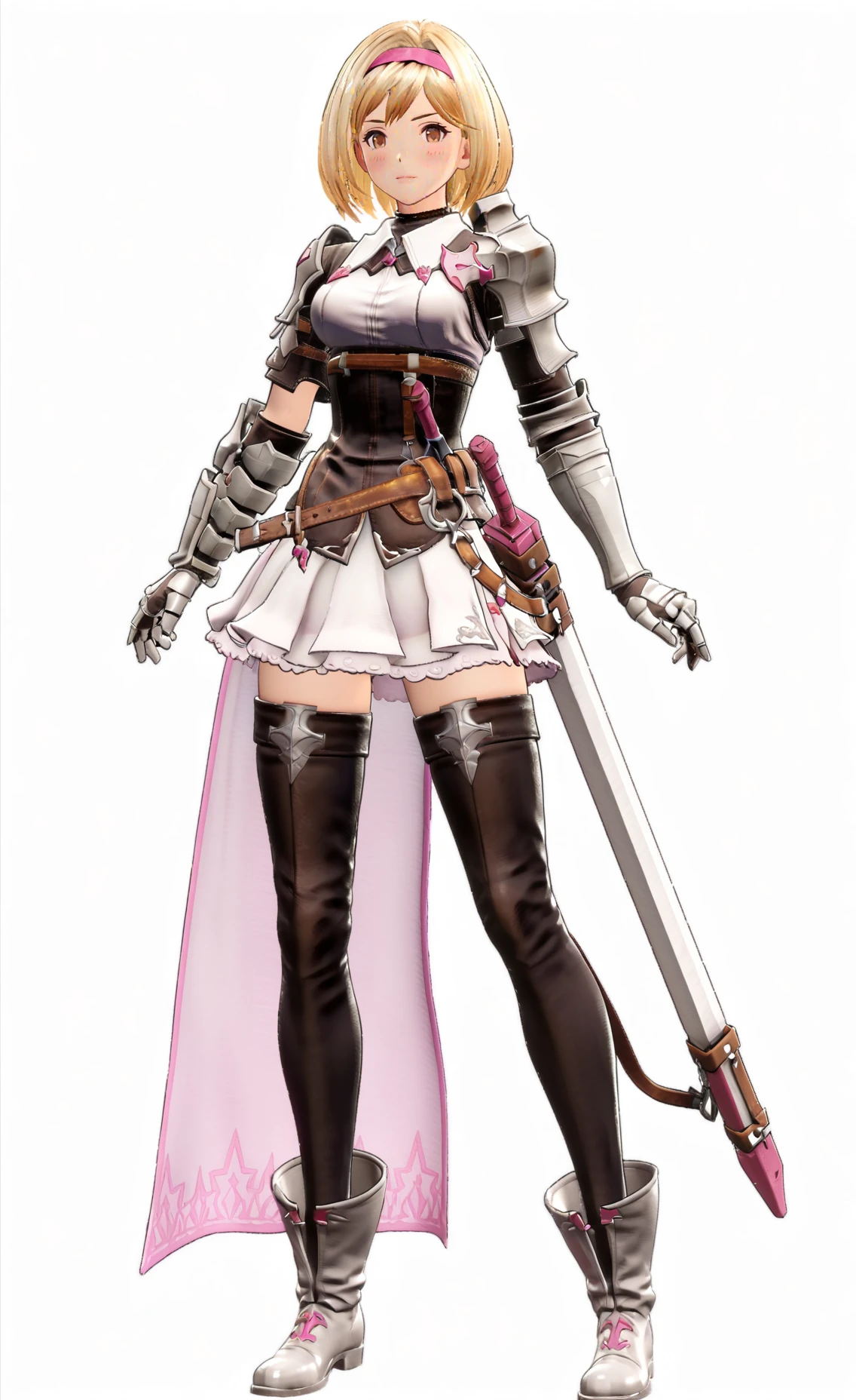 8k, best quality, masterpiece, (ultra-detailed), (high detailed skin), (white background:1.2),
(full body), (white background), standing, looking at viewer, (solo),
<lora:GBFV1-A3-Tanger-000013:0.8>,djeeta /(granblue fantasy/), djeeta's armour-dress, Game's style, 1girl, blonde hair, solo, weapon, gauntlets, thighhighs, sword, pink hairband
full_shot,