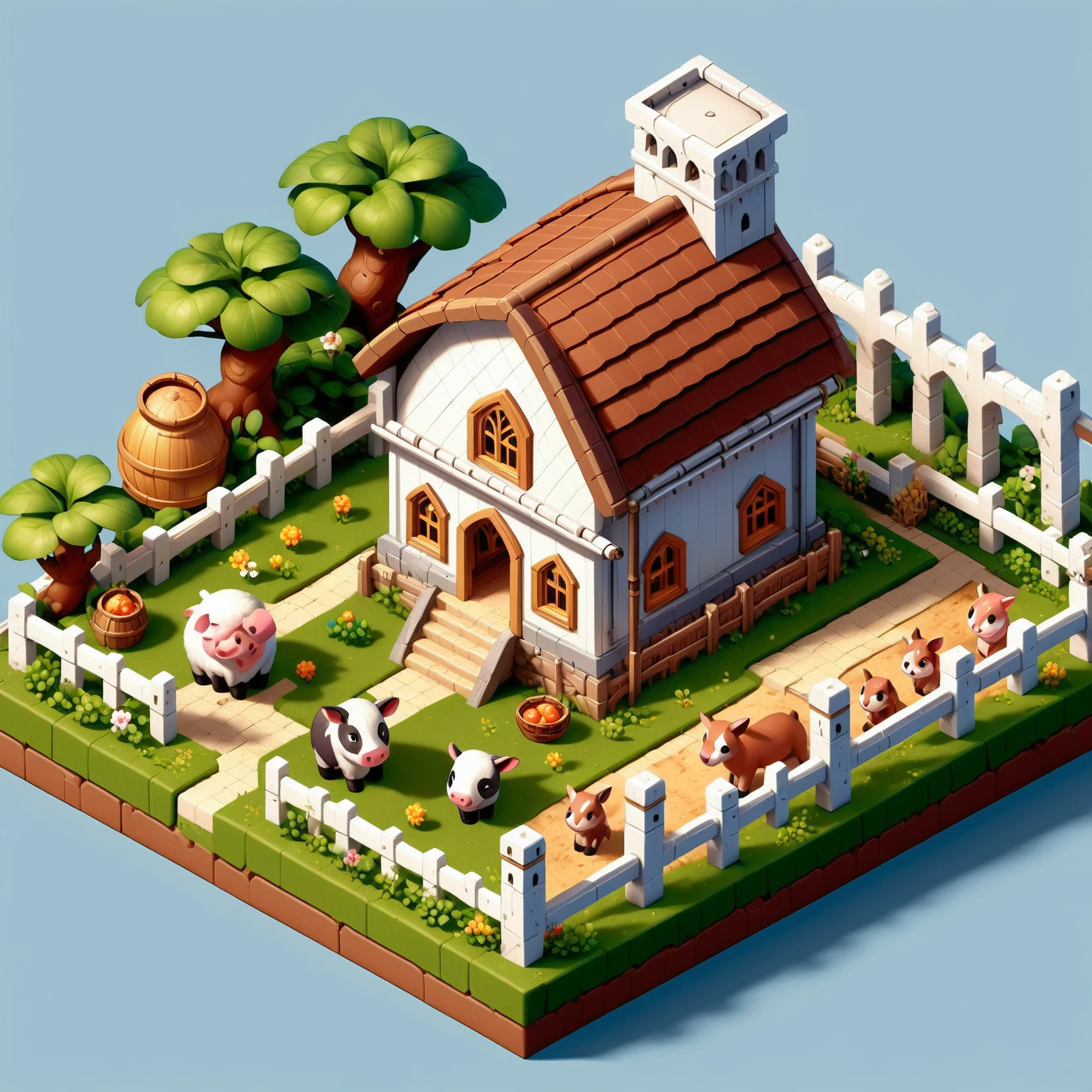 Elven Architecture Isometric elvish village home and farm, fences, crops, animals, haybales <lora:Elven Structures Isometric:1>