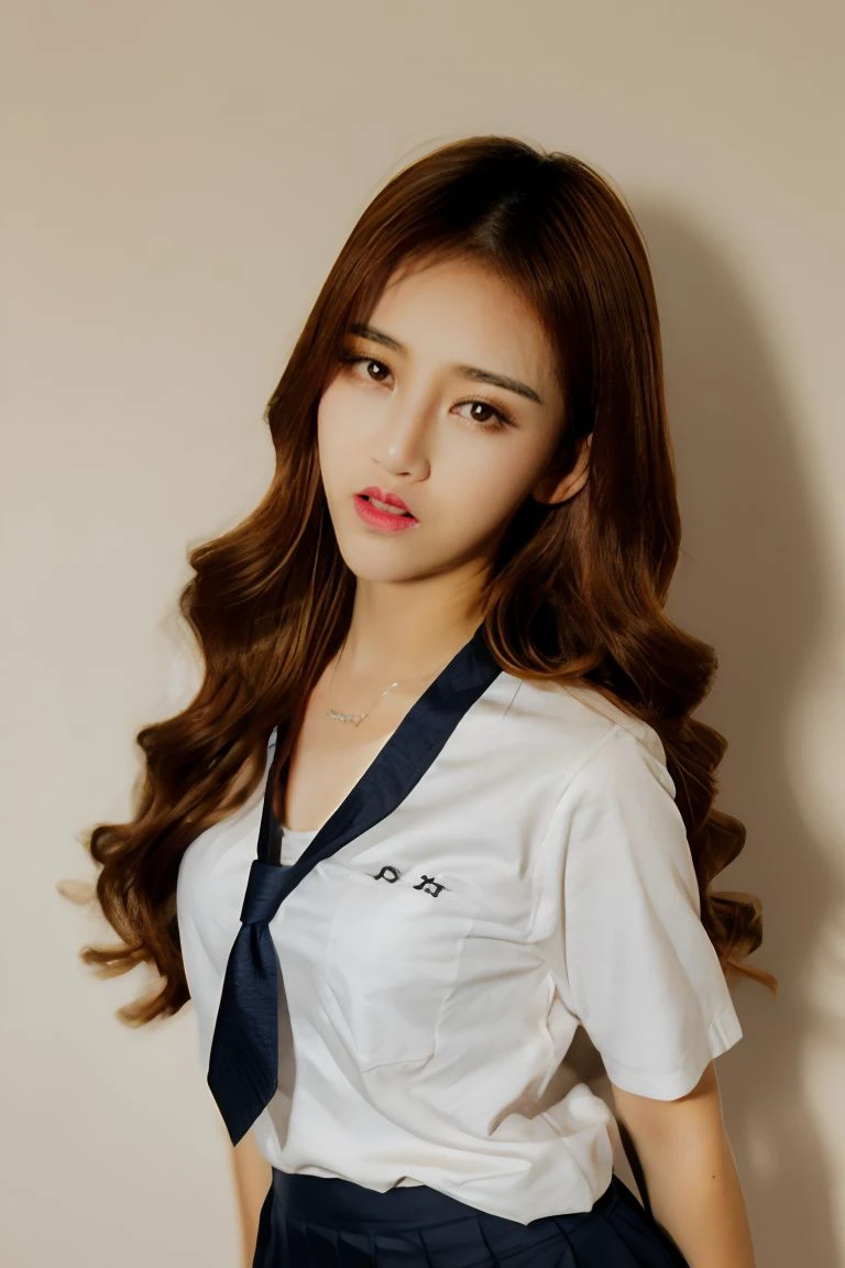 1girl, solo, small breasts, looking at viewer, realistic, photorealistic, brown hair, jewelry, lips, long hair, necklace, brown eyes, parted lips, hyper detailed, super sharp, crisp, smooth, smooth gradients, depth of field, (in studio: 1.1), (white background: 1.1), <lora:chokmoson-huarei:1>, <lora:breastsizeslideroffset:-0.35>, <lora:skin_slider_v2_1_FACE:0.5>, <lora:add_detail_v5:1>, (((sfw))), (student uniform, serafuku, necktie)